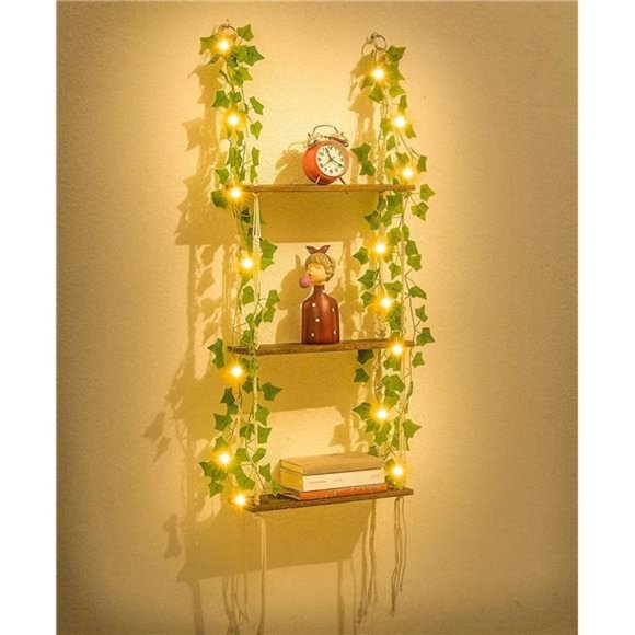 3 Tier Macrame Wall Hanging Shelves with Artificial Ivy Leaves,Boho Room Decor - Picture 1 of 7